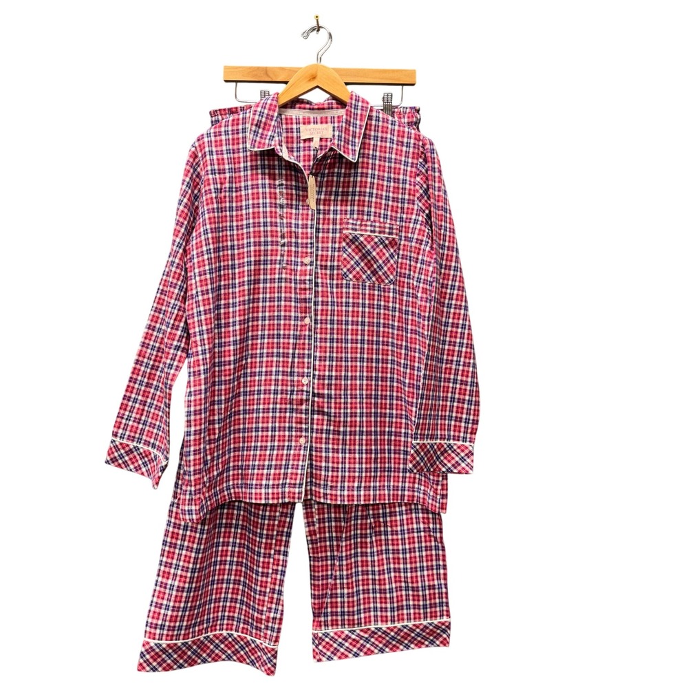 Victoria's Secret Pajama Set Womens Large Flannel Plaid Purple Red Sleepwear NEW